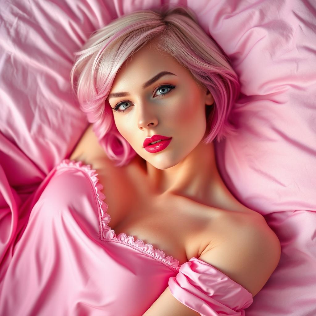 A beautiful white-skinned woman with an oval face and delicate features, featuring striking blue eyes and soft, short blond hair dyed pink that gently reaches her shoulders