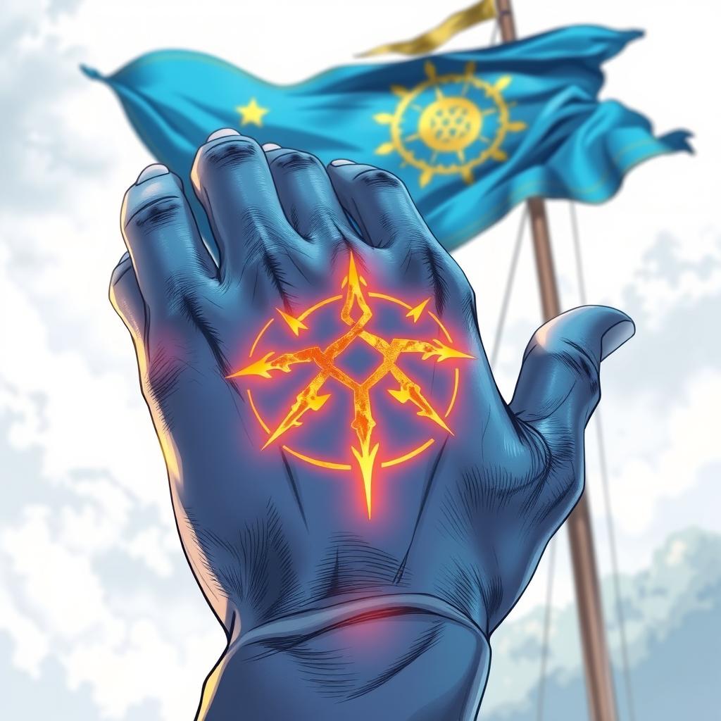 An anime-style depiction of a magical symbol that resembles a scar from a burn, intricately designed on a hand