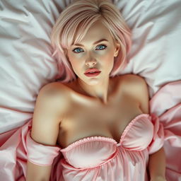 A beautiful white-skinned woman with an oval face and delicate features, featuring striking blue eyes and soft, short blond hair dyed pink that gently reaches her shoulders