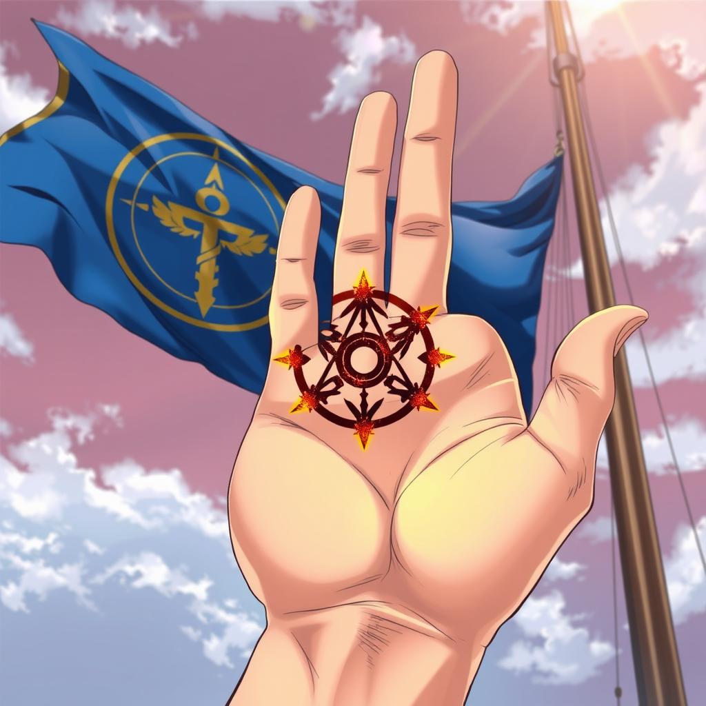 An anime-style illustration featuring a magical symbol represented as a scar from a burn, intricately designed on the palm of a hand