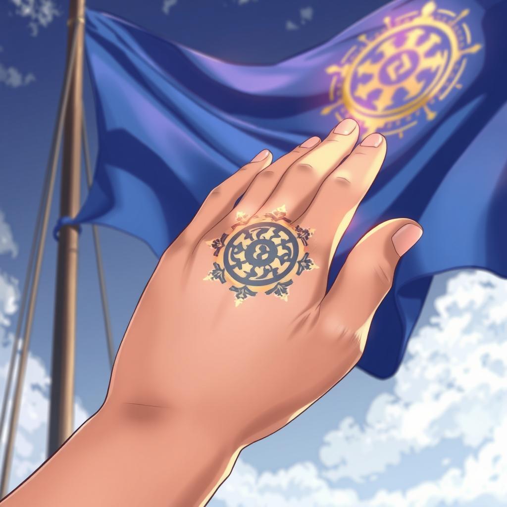 An anime-style illustration featuring a magical symbol represented as a scar from a burn, intricately designed on the palm of a hand