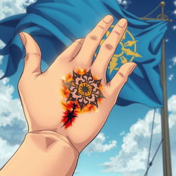 An anime-style illustration featuring a magical symbol represented as a scar from a burn, intricately designed on the palm of a hand