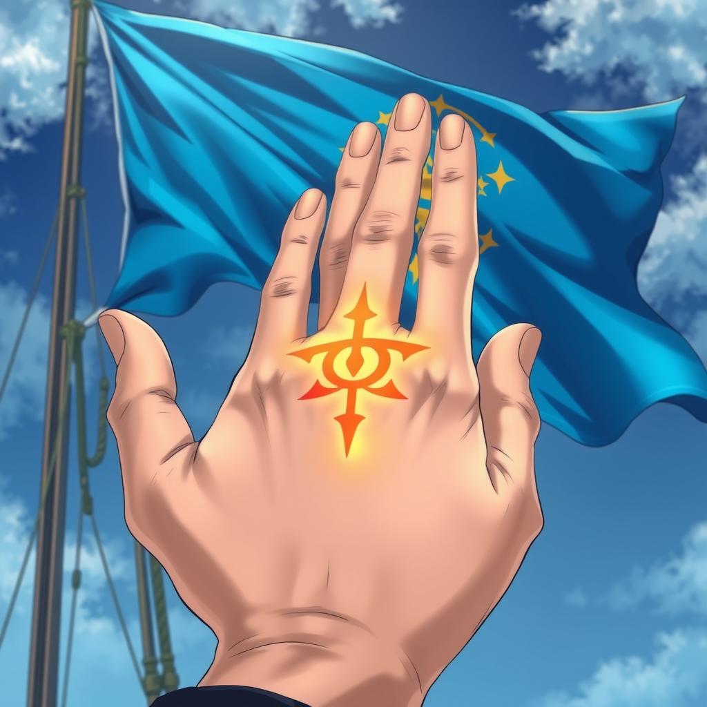 An anime-style illustration featuring a magical symbol designed as a scar from a burn, intricately etched on the palm of a hand