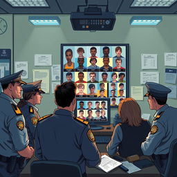 An illustration of a police interrogation room in a precinct, featuring law enforcement officials utilizing facial recognition technology to identify criminals