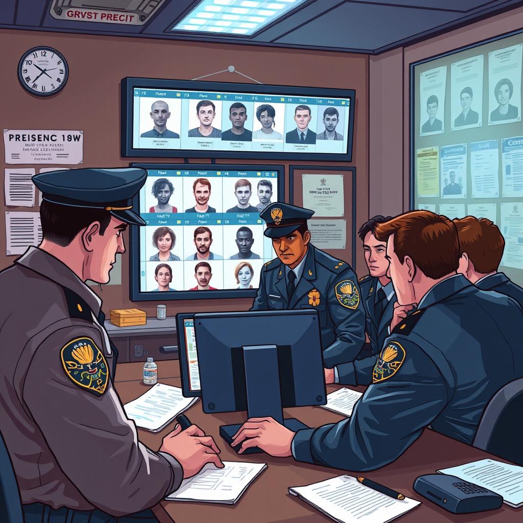 An illustration of a police interrogation room in a precinct, featuring law enforcement officials utilizing facial recognition technology to identify criminals