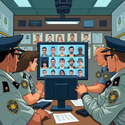 An illustration of a police interrogation room in a precinct, featuring law enforcement officials utilizing facial recognition technology to identify criminals