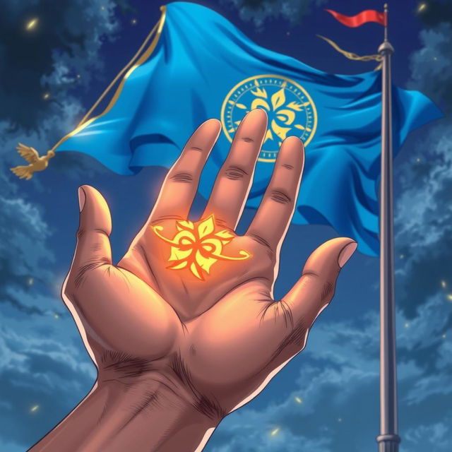 An anime-style illustration showcasing a magical symbol designed as a scar from a burn, intricately etched in the palm of a hand