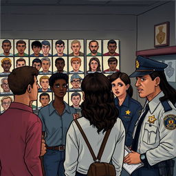 A poignant illustration depicting a victim in a police precinct identifying criminals