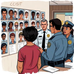 A poignant illustration depicting a victim in a police precinct identifying criminals