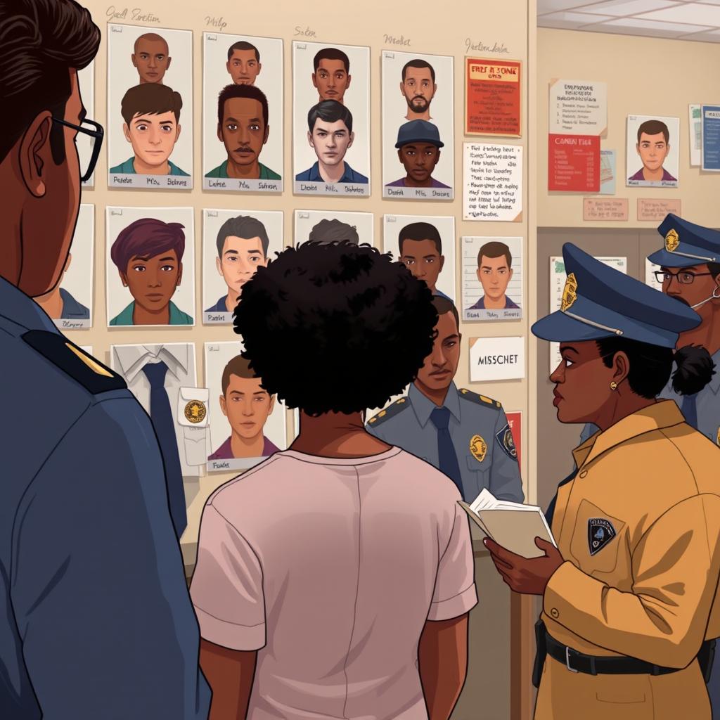 A poignant illustration depicting a victim in a police precinct identifying criminals