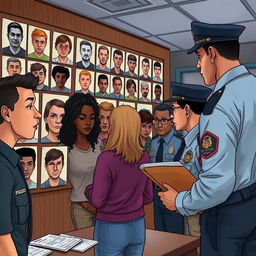 A poignant illustration depicting a victim in a police precinct identifying criminals