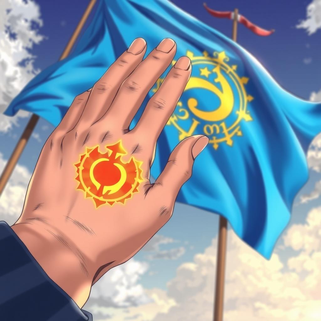 An anime-style illustration of a magical symbol depicted as a scar on the palm of a hand, intricately designed to resemble a burn mark