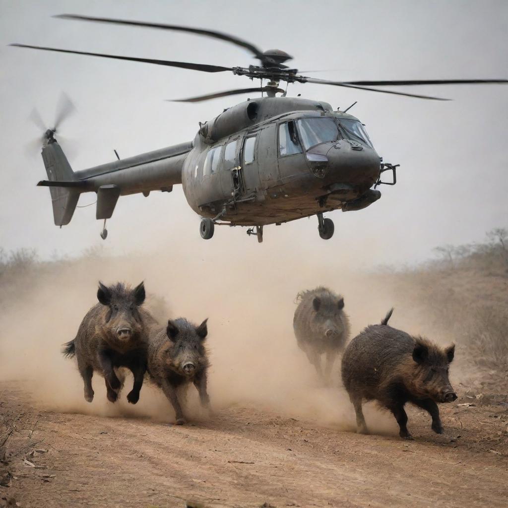 A dramatic scene of wild boars in full sprint, running on a rugged terrain, with dust kicking up beneath their feet. Above them, a helicopter is hovering, shadowing their course. An AR15 is inside the helicopter, noticeable but not being used.