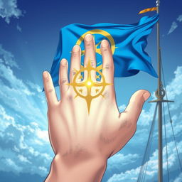 An anime-style illustration of a magical symbol, represented as a scar etched into the palm of a hand, designed to look like a mystical burn mark