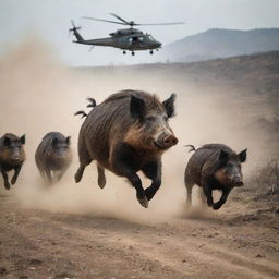 A dramatic scene of wild boars in full sprint, running on a rugged terrain, with dust kicking up beneath their feet. Above them, a helicopter is hovering, shadowing their course. An AR15 is inside the helicopter, noticeable but not being used.