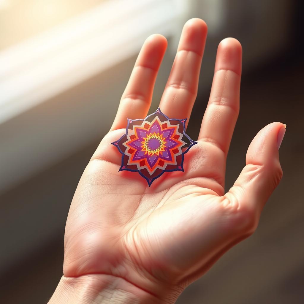 A beautifully detailed illustration of a hand, palm up, showcasing an intricate symbolic design resting on the center of the palm