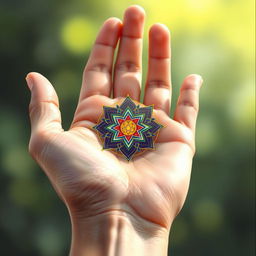 A beautifully detailed illustration of a hand, palm up, showcasing an intricate symbolic design resting on the center of the palm