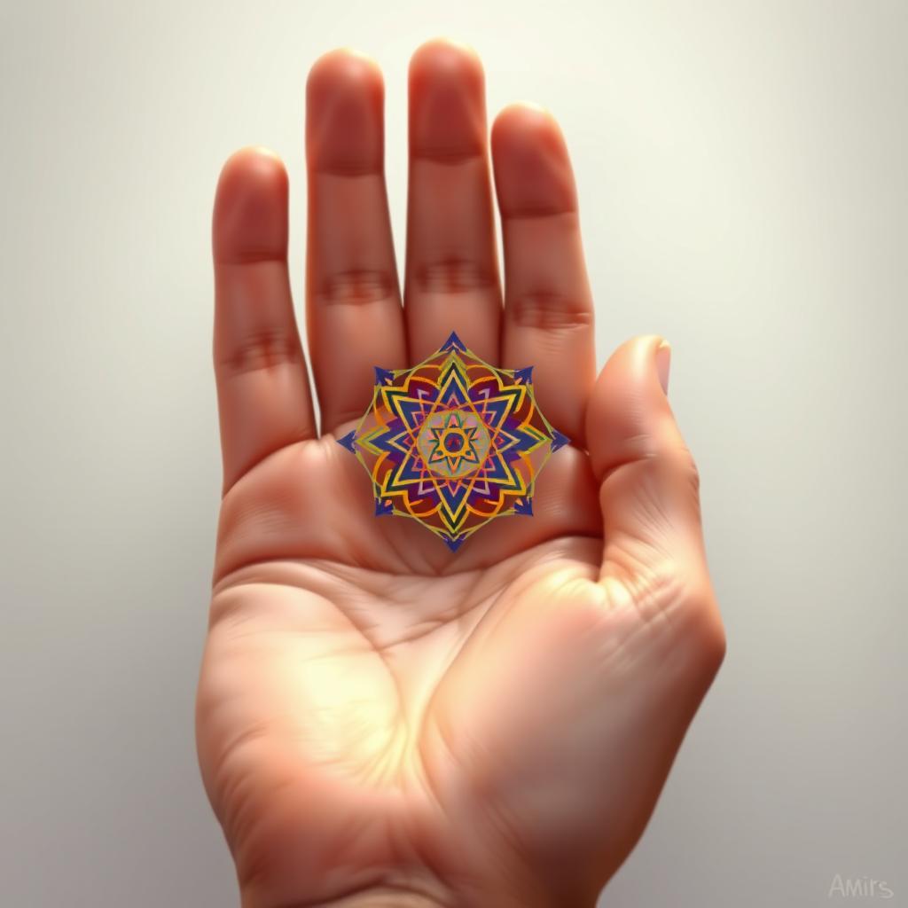 A beautifully detailed illustration of a hand, palm up, showcasing an intricate symbolic design resting on the center of the palm