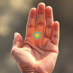 A beautifully detailed illustration of a hand, palm up, showcasing an intricate symbolic design resting on the center of the palm