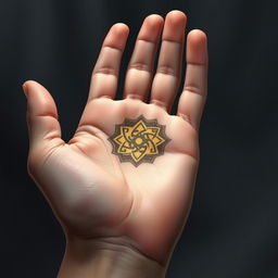 A hauntingly beautiful illustration of a realistic human hand, palm up, with an intricate symbol embedded in the center of the palm, resembling a scar