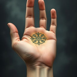 A hauntingly beautiful illustration of a realistic human hand, palm up, with an intricate symbol embedded in the center of the palm, resembling a scar