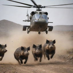 A dramatic scene of wild boars in full sprint, running on a rugged terrain, with dust kicking up beneath their feet. Above them, a helicopter is hovering, shadowing their course. An AR15 is inside the helicopter, noticeable but not being used.