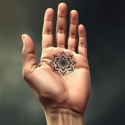 A hauntingly beautiful illustration of a realistic human hand, palm up, with an intricate symbol embedded in the center of the palm, resembling a scar