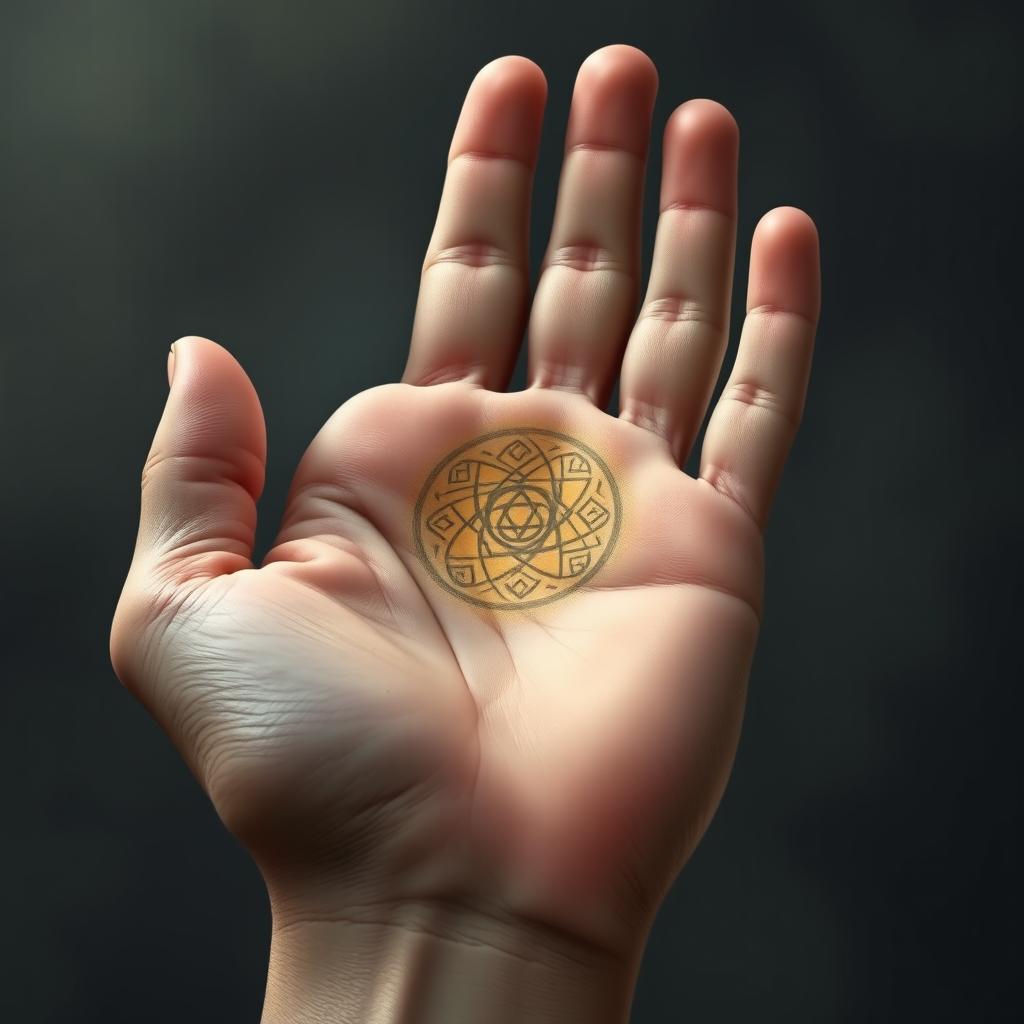 A hauntingly beautiful illustration of a realistic human hand, palm up, with an intricate symbol embedded in the center of the palm, resembling a scar
