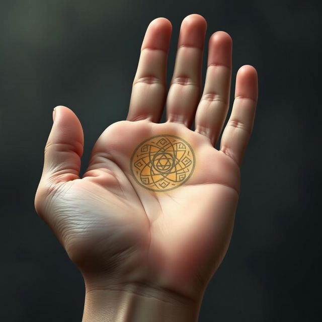 A hauntingly beautiful illustration of a realistic human hand, palm up, with an intricate symbol embedded in the center of the palm, resembling a scar