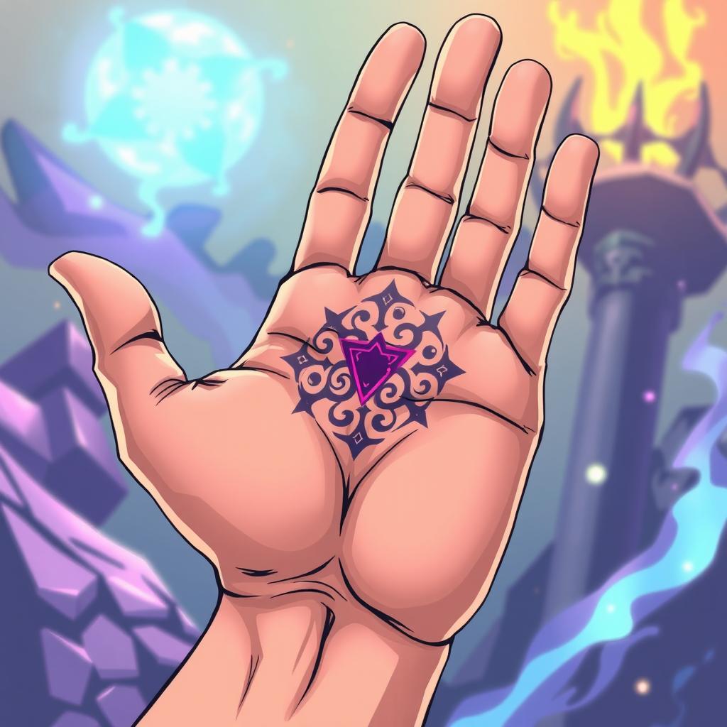 A stylized anime illustration of a hand, palm up, featuring a mystical symbol embedded in the center of the palm as if it were a scar