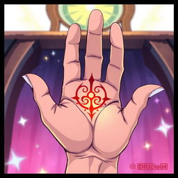 A stylized anime illustration of a hand, palm up, featuring a mystical symbol embedded in the center of the palm as if it were a scar