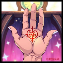 A stylized anime illustration of a hand, palm up, featuring a mystical symbol embedded in the center of the palm as if it were a scar