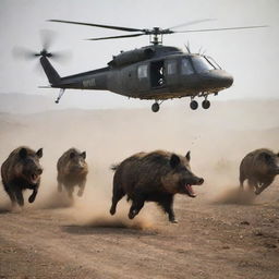 A dramatic scene of wild boars in full sprint, running on a rugged terrain, with dust kicking up beneath their feet. Above them, a helicopter is hovering, shadowing their course. An AR15 is inside the helicopter, noticeable but not being used.