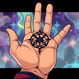 A stylized anime illustration of a hand, palm up, featuring a mystical symbol embedded in the center of the palm as if it were a scar