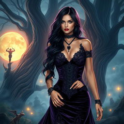 A captivating scene that blends gothic aesthetics with fantasy elements, featuring a seductive figure in a sultry gothic dress