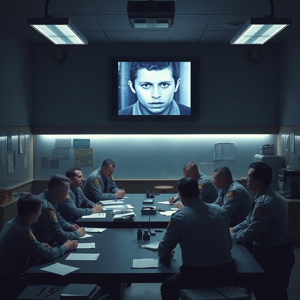 A dramatic scene depicting a police station interior where detectives are gathered around a large table, analyzing evidence