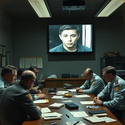 A dramatic scene depicting a police station interior where detectives are gathered around a large table, analyzing evidence