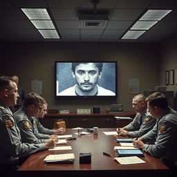 A dramatic scene depicting a police station interior where detectives are gathered around a large table, analyzing evidence