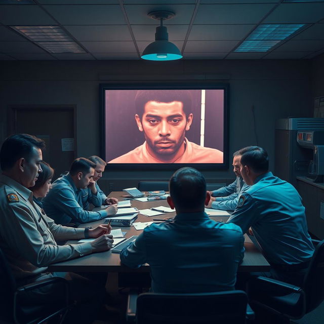 A dramatic scene depicting a police station interior where detectives are gathered around a large table, analyzing evidence