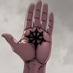 An anime-style illustration of a hand, palm up, featuring a dark and intricate symbol embedded in the center of the palm as if it were a scar