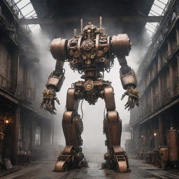 A towering steampunk mecha, intricately designed with bronze gears, steam vents, and intricate mechanical details, standing powerfully against an industrial Victorian backdrop.