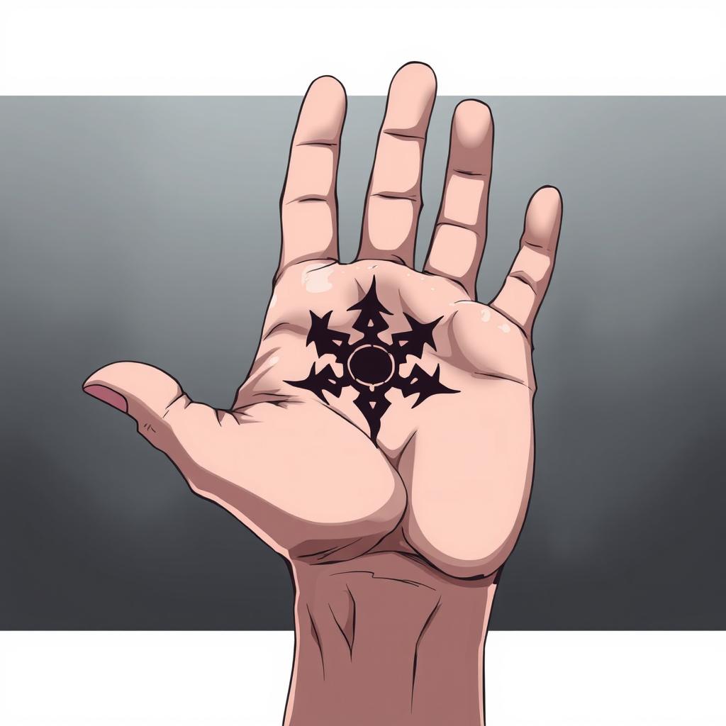 An anime-style illustration of a hand, palm up, featuring a dark and intricate symbol embedded in the center of the palm as if it were a scar