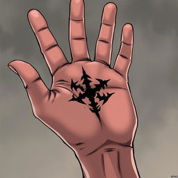 An anime-style illustration of a hand, palm up, featuring a dark and intricate symbol embedded in the center of the palm as if it were a scar