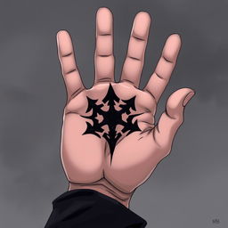 An anime-style illustration of a hand, palm up, featuring a dark and intricate symbol embedded in the center of the palm as if it were a scar