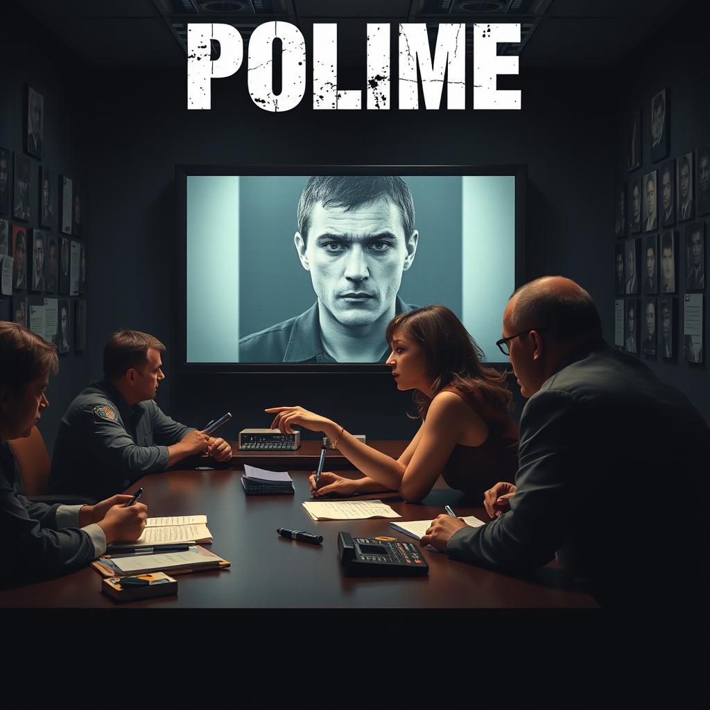 A tense movie cover featuring a police station interior where a victim is sitting at a table, looking intently at a large screen displaying a clear image of a suspect's face