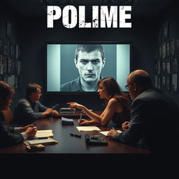 A tense movie cover featuring a police station interior where a victim is sitting at a table, looking intently at a large screen displaying a clear image of a suspect's face