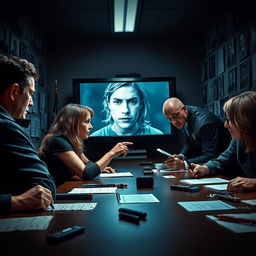 A tense movie cover featuring a police station interior where a victim is sitting at a table, looking intently at a large screen displaying a clear image of a suspect's face