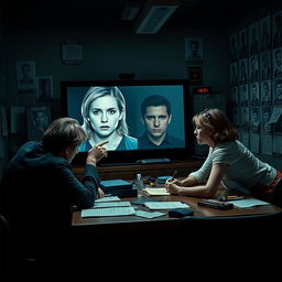 A tense movie cover featuring a police station interior where a victim is sitting at a table, looking intently at a large screen displaying a clear image of a suspect's face