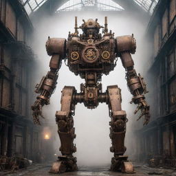 A towering steampunk mecha, intricately designed with bronze gears, steam vents, and intricate mechanical details, standing powerfully against an industrial Victorian backdrop.