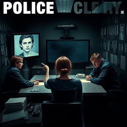 A tense movie cover featuring a police station interior where a victim is sitting at a table, looking intently at a large screen displaying a clear image of a suspect's face